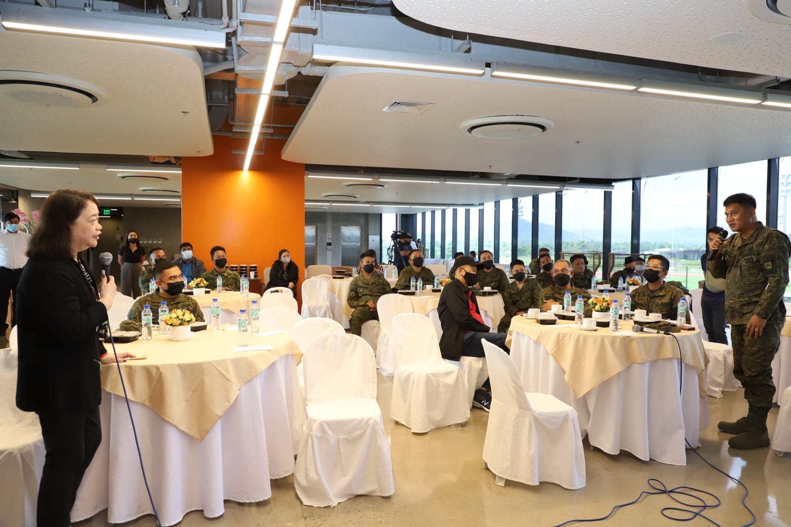 BCDA President and CEO Aileen Zosa eagerly responded to questions raised by troopers from the 7th Infantry (Kaugnay) Division of the Philippine Army. Ms. Zosa shared updates on several completed and ongoing replication projects of BCDA for the AFP. (BCDA photo)